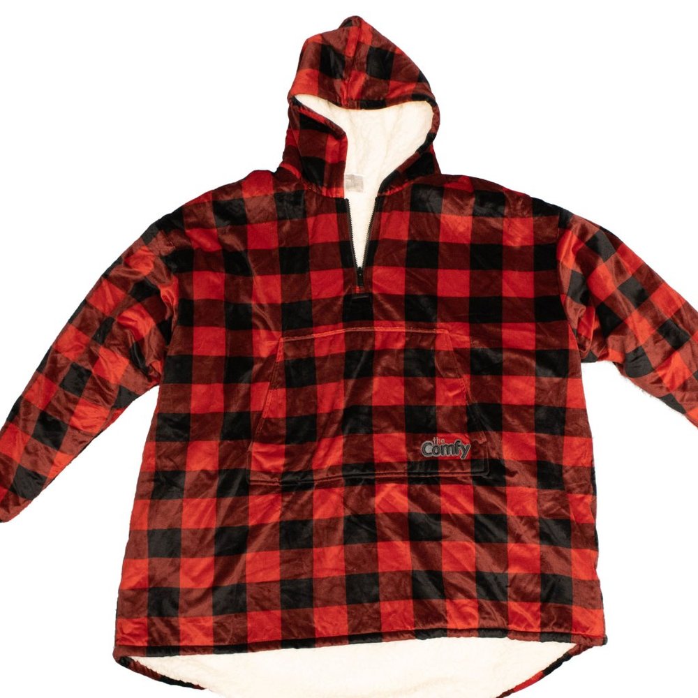 The Comfy Original Red Plaid Sherpa Wearable Blanket w/ Hood & Pocket